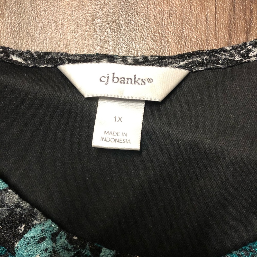 CJ Banks Green Black Floral Layered Blouse 1X Semi Sheer Lined Stretch Top - Picture 6 of 8